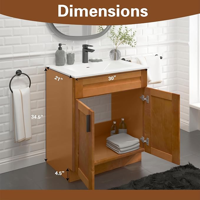 30" Maple Shaker Bathroom Vanity Base – Ready-to-Assemble Sink Cabinet, Freestanding Bathroom Vanity Base Only, No Top or Sink