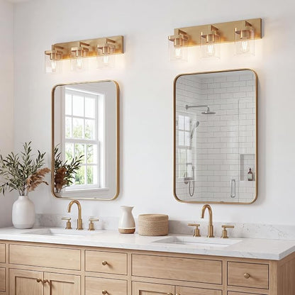 Bathroom Lighting Fixtures Over Mirror, Square Design & Rectangle Large Backplate, 3 Lights Modern Vanity Lighting Fixtures, Bathroom Light Fixtures for Bathroom/Living Room/Bedroom, Gold