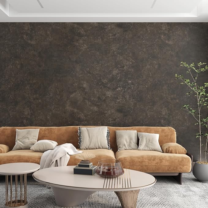 3yecao 16"×1181" Big Roll Large Size Thick Dark Brown Tan Grey Concrete Wallpaper Peel and Stick Vinyl Wrap Glossy Waterproof Taupe Charcoal Gray Concrete Cement Contact Paper for Bedroom Office Walls
