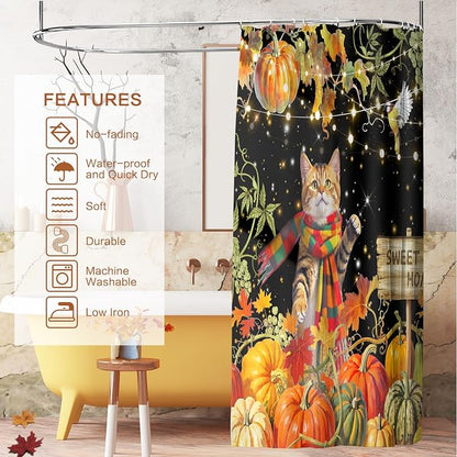 Shower Curtain Fall, Thanksgiving Shower Curtain for Bathroom 72x72 | Harvest Grape Pumpkin Shower Curtains Scarf Cat Autumn Maple Leaves Waterproof Washable Home Farmhouse Decor Bath Curtains