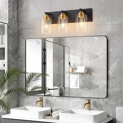 Vanity Lights for Bathroom, 3-Light Black and Gold Bathroom Vanity Light Over Mirror with Clear Glass Shades, Modern Bathroom Light Fixtures for Living Room Hallway Cabinet (Bulbs Not Included)