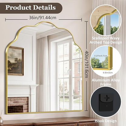 Gold Arched Mirror, 36×40Inch Scalloped Mirror for Bathroom, Wavy Wall Mounted Vanity Mirror with Aluminum Alloy Frame for Livingroom Bedroom and Entryway, Tempered Glass