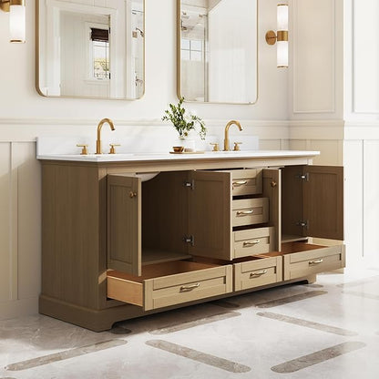 WELLFOR 72 Inch Bathroom Vanity with Double Sinks, Solid Wood Bathroom Vanity W/4 Soft-Close Doors and 6 Drawers, Cultured Marble Countertop Bathroom Vanities W/Two Sinks (Oak)