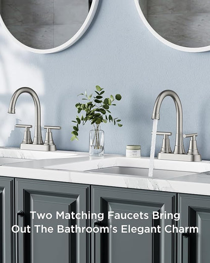 FORIOUS Bathroom Faucets Brushed Nickel, 4 Inch Centerset Bathroom Sink Faucet 2 or 3 Hole with Pop up Drain and cUPC Hose, Two Handles Control, 360° spout for Restroom,Vanity, Rv, 2 Pack