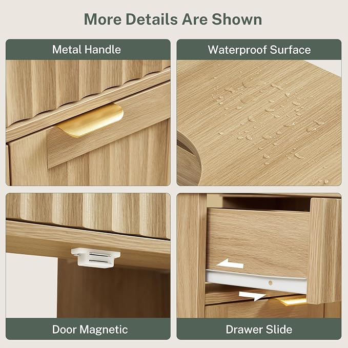 Pedestal Sink Storage Cabinet with 2 Doors and Drawer, Bathroom Sink Cabinet with U-Shape Cut-Out, Fluted Pedestal Sink Cabinet, Natural Oak