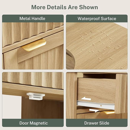 Pedestal Sink Storage Cabinet with 2 Doors and Drawer, Bathroom Sink Cabinet with U-Shape Cut-Out, Fluted Pedestal Sink Cabinet, Natural Oak