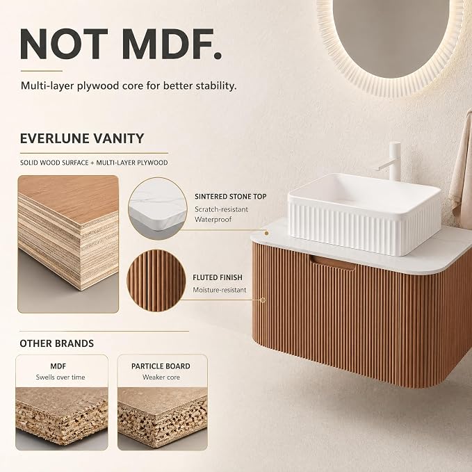 30 Inch Bathroom Vanity with Sink, Floating Wall Mounted Single Sink Vanity, Natural Woodgrain Curved Fluted Front, Stone Top, White Textured Rectangular Vessel Basin, Pre-Assembled