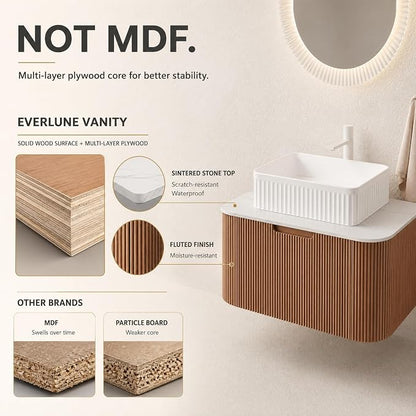 30 Inch Bathroom Vanity with Sink, Floating Wall Mounted Single Sink Vanity, Natural Woodgrain Curved Fluted Front, Stone Top, White Textured Rectangular Vessel Basin, Pre-Assembled