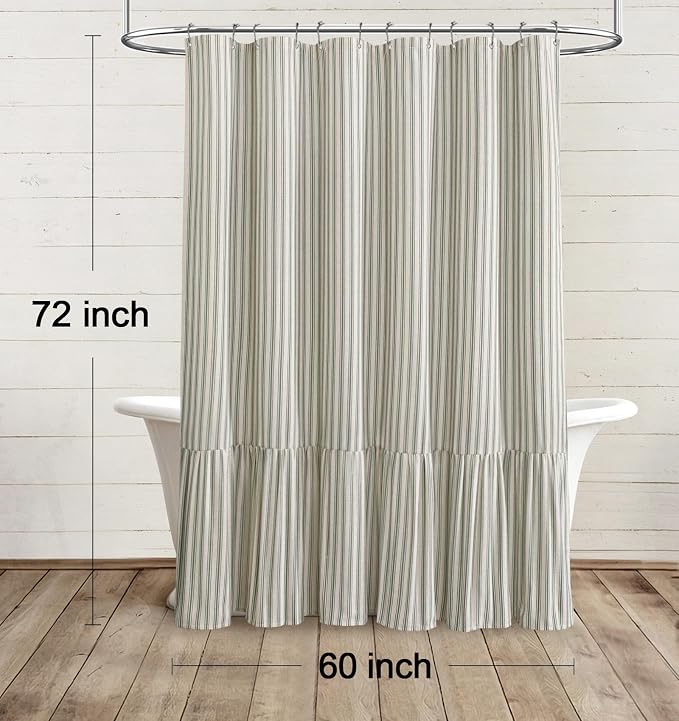 Farmhouse Shower Curtain Ruffle Linen Cream-Green Stripe 60"W x 72"L | Farmhouse Boho, Striped, Bottom Ruffle, Linen Fabric, Rustic, Country, Natural Look, Washable, for Bathroom Bathtub