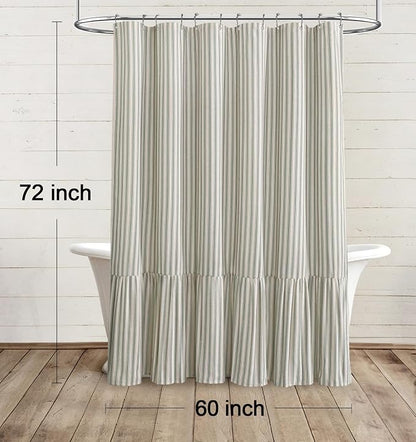 Farmhouse Shower Curtain Ruffle Linen Cream-Green Stripe 60"W x 72"L | Farmhouse Boho, Striped, Bottom Ruffle, Linen Fabric, Rustic, Country, Natural Look, Washable, for Bathroom Bathtub