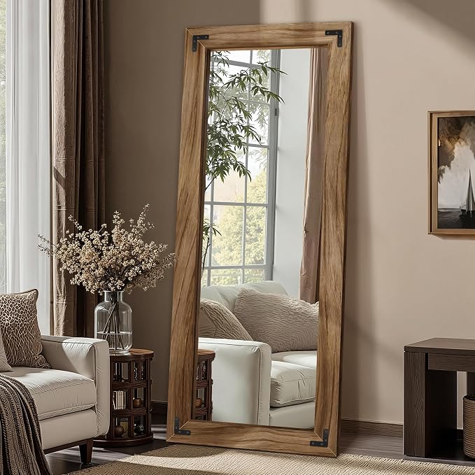 FICTOR Full Length Mirror, 22" x 55" Wooden Floor Mirror for Wall | Solid Wood Frame, Rustic Farmhouse Style, Shatterproof Glass, for Bedroom, Living Room, Entryway Decor, Leaning/Hanging