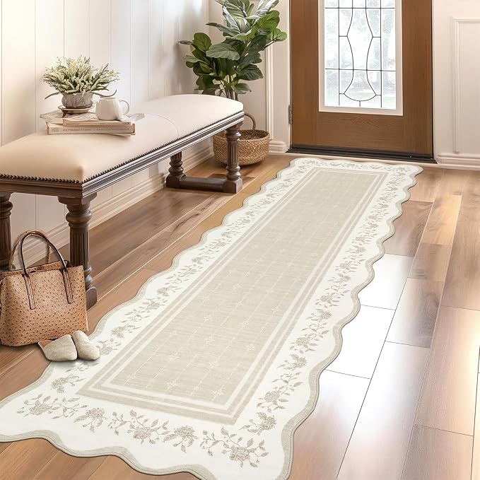 Garvee 2x6 Runner Rug Scalloped Kitchen Runner Rug Entryway Runners Beige | Washable Non Slip Modern Bordered Foldable Thin Accent Carpet Low Pile Soft Nursery Rugs for Hallway Bathroom Bedside Laundry