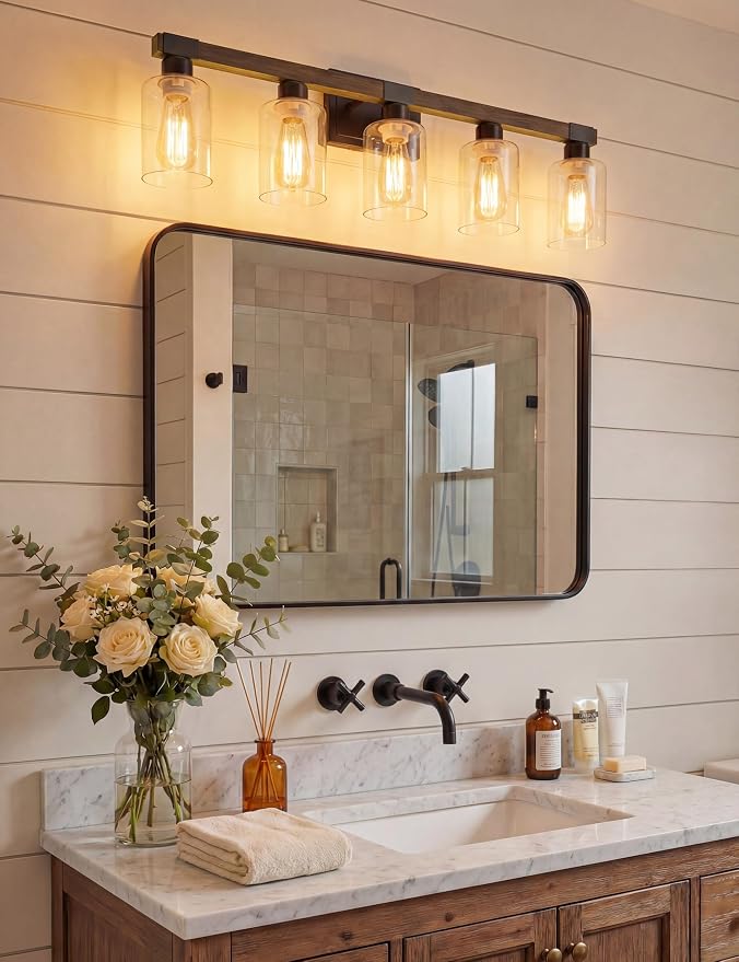 VOLISUN Farmhouse Bathroom Vanity Light Fixtures, 5 Light,UL Certificated | 5 Light Bathroom Vanity Lights Over Mirror, Rustic Vanity Light for Bathrooms,Wood Bathrooms Lights Fixtures Over Mirror