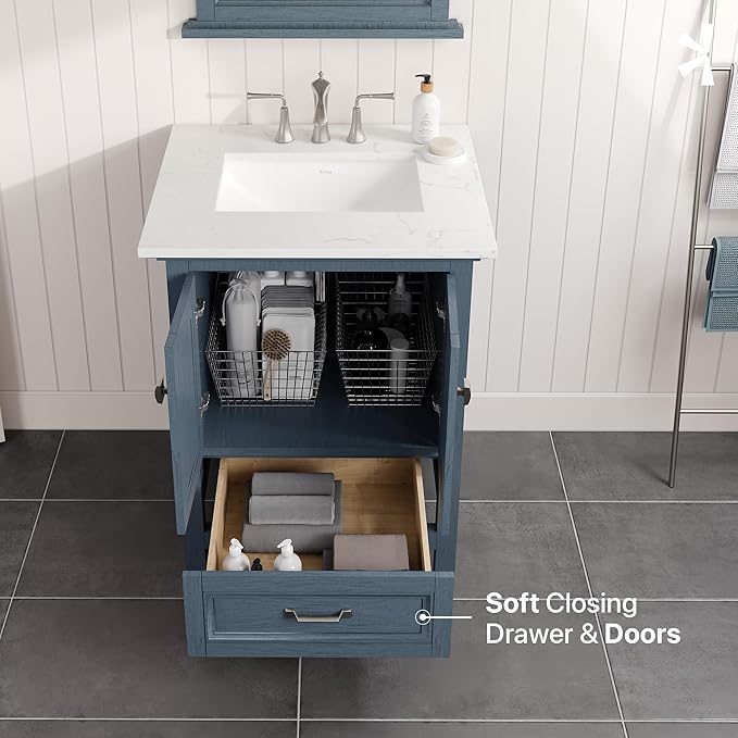 Eviva Britney 24 in. Ash Blue Single Sink Bath Vanity with Carrara Quartz Top and Undermount Porcelain Sink