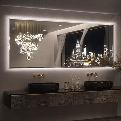 Keonjinn 84"x40" LED Bathroom Mirror with Lights, Safe HD Tempered Glass | Elegant Beveled Edge, Dimmable 3 Color Lights, Auto-OFF Defogging, Wall Switch/Plug in, Secure Installation, Large LED Mirror