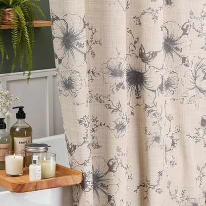 Vintage Floral Shower Curtain with 12 Clear Rings - 72" W x 72" L | Farmhouse Fabric Faux Linen Shower Curtain Set, French Country Cottagecore Style Shower Curtain for Bathroom