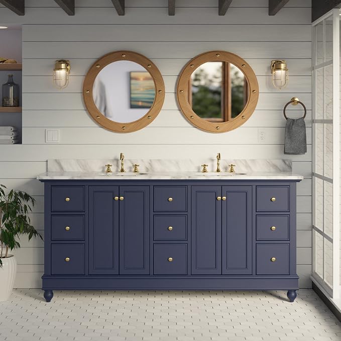 Bella 72-inch Double Bathroom Vanity (Carrara/Royal Blue): Includes Royal Blue Cabinet with Authentic Italian Carrara Marble Countertop and White Ceramic Sinks
