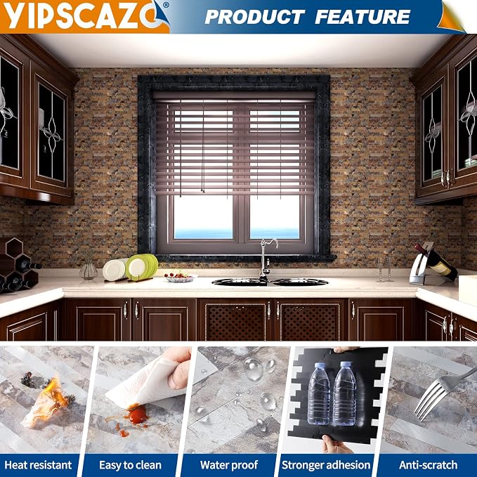 Yipscazo Peel and Stick Stone Metal Backsplash, Stick on Tiles for Backsplash Kitchen (Brown Stone Rock, 10-Pack)