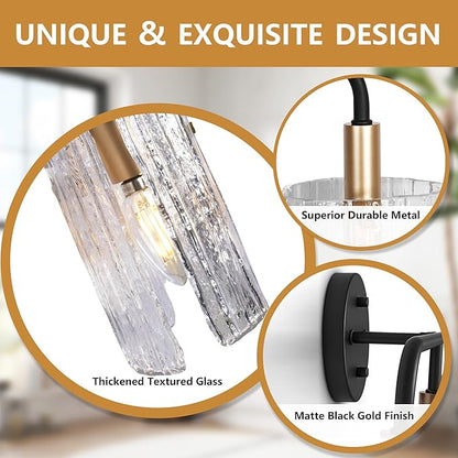 3-Light Glass Bathroom Vanity Lights Over Mirror, Black and Gold Bathroom Light Fixture with Clear Glass Shade, Modern Bathroom Wall Sconce Lighting for Mirror, Living Room (E12)