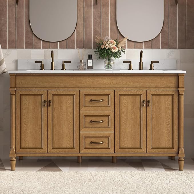 60 Inch Bathroom Vanity with Sink Combo, Classic Cabinet with Countertop & Backsplash, Solid Wood with Soft Closing Doors & Dovetail Drawers, Ceramic Sink, Light Walnut