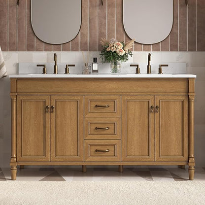 60 Inch Bathroom Vanity with Sink Combo, Classic Cabinet with Countertop & Backsplash, Solid Wood with Soft Closing Doors & Dovetail Drawers, Ceramic Sink, Light Walnut