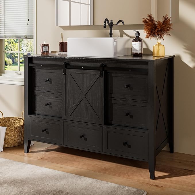 VNN Bathroom Vanity with Sink - 48 Inch Bathroom Vanity with Sink Ceramic, Freestanding Cabinet with Farmhouse Sliding Barn Door and 7 Drawers, Space-Saving Storage Cabinet, Wood Grain Texture, Black