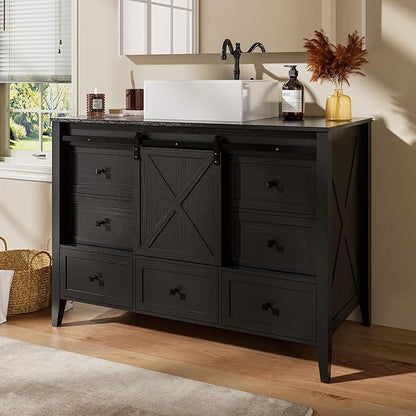 VNN Bathroom Vanity with Sink - 48 Inch Bathroom Vanity with Sink Ceramic, Freestanding Cabinet with Farmhouse Sliding Barn Door and 7 Drawers, Space-Saving Storage Cabinet, Wood Grain Texture, Black
