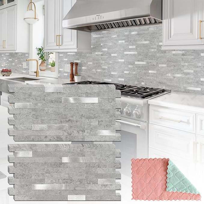 StyloVue 20 Sheets Peel and Stick Backsplash for Kitchen, Slate Gray with Metal Silver Look Stick on Tile Upgrade Your Kitchen Backsplash, RV, Fireplace