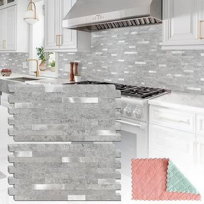 StyloVue 20 Sheets Peel and Stick Backsplash for Kitchen, Slate Gray with Metal Silver Look Stick on Tile Upgrade Your Kitchen Backsplash, RV, Fireplace