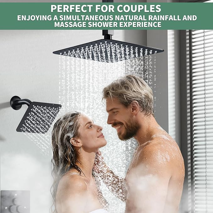 SunCleanse 3-Way Matte Black Shower System w/Handheld for Couple | 10" rain head, 6" wall spray, handheld wand, push-button diverter, anti-scald valve, easy-clean nozzles