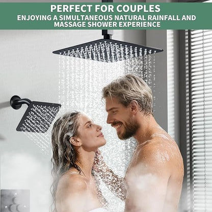 SunCleanse 3-Way Matte Black Shower System w/Handheld for Couple | 10" rain head, 6" wall spray, handheld wand, push-button diverter, anti-scald valve, easy-clean nozzles