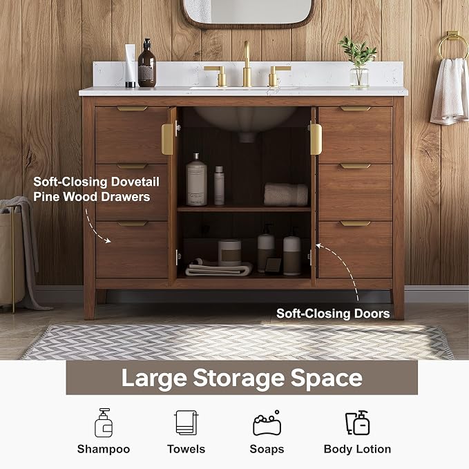 48" Walnut Bathroom Vanity with Sink, No Assembly Required | Solid Wood Bathroom Vanities with Soft Close Doors & Dovetail Drawers, Modern Bathroom Sink Cabinet, 0.78" Stone Top