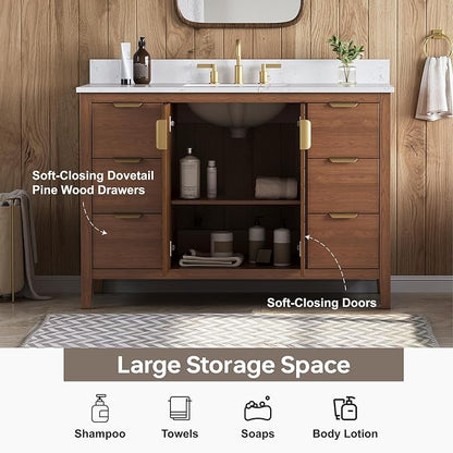 48" Walnut Bathroom Vanity with Sink, No Assembly Required | Solid Wood Bathroom Vanities with Soft Close Doors & Dovetail Drawers, Modern Bathroom Sink Cabinet, 0.78" Stone Top