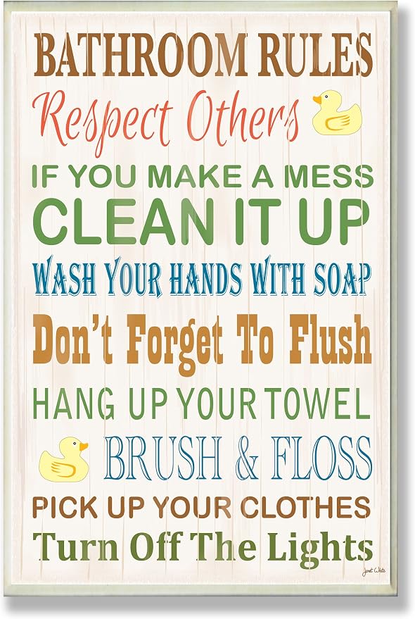 Stupell Industries Rules Typography Rubber Ducky Bathroom Art Wall Plaque, 13 x 19, Design by Artist Janet White