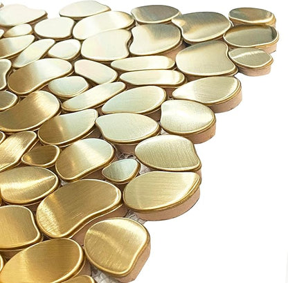 Golden Metal Pebble Mosaic Tiles, 5 Sheets Stainless Steel Backsplash Mesh Mounted, 12×12 Inches Waterproof Metal Tile, Gold Wall Tiles for Kitchen Bathroom Backsplash Shower Stove Backsplash