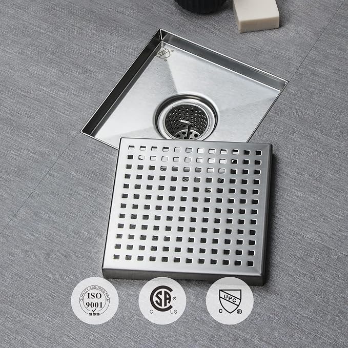 SaniteModar Square Shower Drain 6 inch Brushed with Square Hole Cover | 304 Stainless Steel Brushed Shower Drain with Hair Catcher and Threaded Adapter