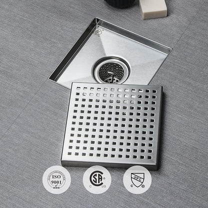 SaniteModar Square Shower Drain 6 inch Brushed with Square Hole Cover | 304 Stainless Steel Brushed Shower Drain with Hair Catcher and Threaded Adapter