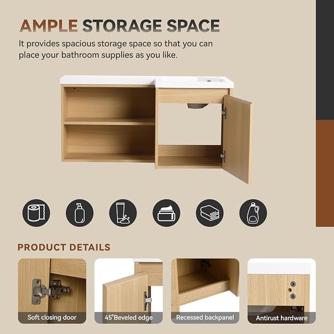 KEIKI 35.5" Corner Floating Bathroom Vanity with Resin Gel Coat Integrated Sink, L-Shaped Wall-Mounted Vanity, Soft-Close Door & Left Open Shelves, Space-Saving Modern Vanity, Oak Finish, Apricot‌1