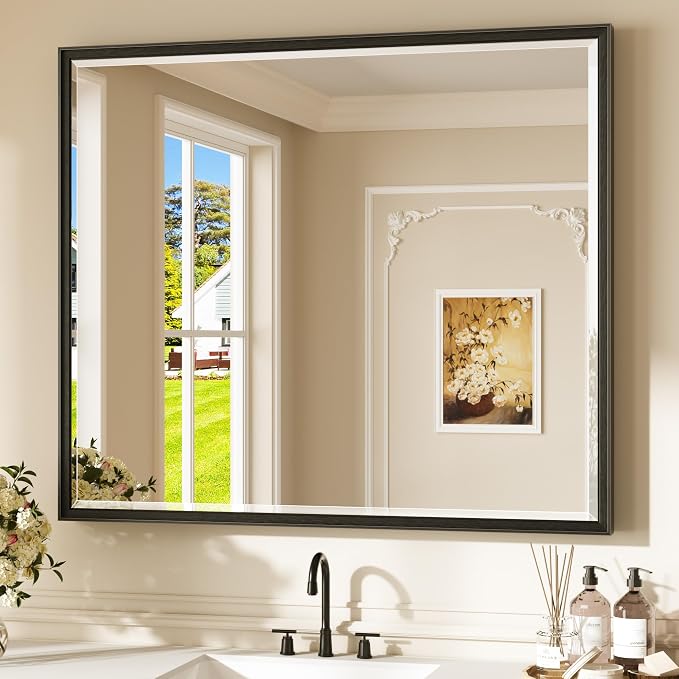 Keonjinn 42" x 36" Black Bathroom Vanity Mirror, Aluminum Alloy Frame | HD Tempered Glass with Beveled Edge, Secure French Cleat, Rectangular Wall Mirror for Over Sink, Hallway, Living Room Decor