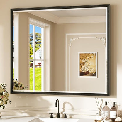 Keonjinn 42" x 36" Black Bathroom Vanity Mirror, Aluminum Alloy Frame | HD Tempered Glass with Beveled Edge, Secure French Cleat, Rectangular Wall Mirror for Over Sink, Hallway, Living Room Decor
