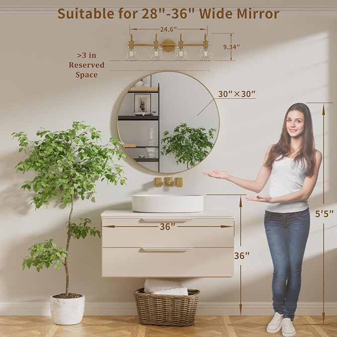4 Lights Bathroom Vanity Light Fixtures Over Mirror Modern Gold | Wall Sconce,Brass Gold Painted,Globe Glass Shade,E26 Base,UL Certified,Anti-Rust,Damp Rated,Bathroom Bedroom Living Room