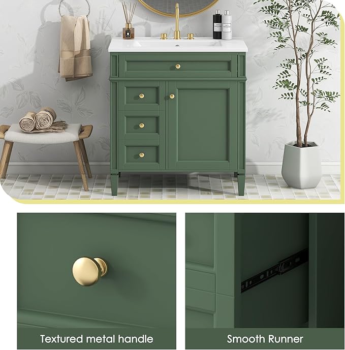 Merax 30 Inch Bathroom Vanity with Ceramic Sink, Solid Wood Frame Modern Bathroom Sink Storage Cabinet with 2 Drawers and a Tip-Out Drawer, Single Sink Bathroom Vanities, Green