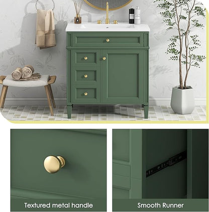 Merax 30 Inch Bathroom Vanity with Ceramic Sink, Solid Wood Frame Modern Bathroom Sink Storage Cabinet with 2 Drawers and a Tip-Out Drawer, Single Sink Bathroom Vanities, Green