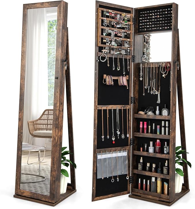 COSTWAY Standing Jewelry Cabinet, Large Capacity Jewelry Organizer w/Full-Length Mirror & Rear Storage Shelves, Lockable Mirror Jewelry Armoire with Keys for Girls Women (Rustic Brown)