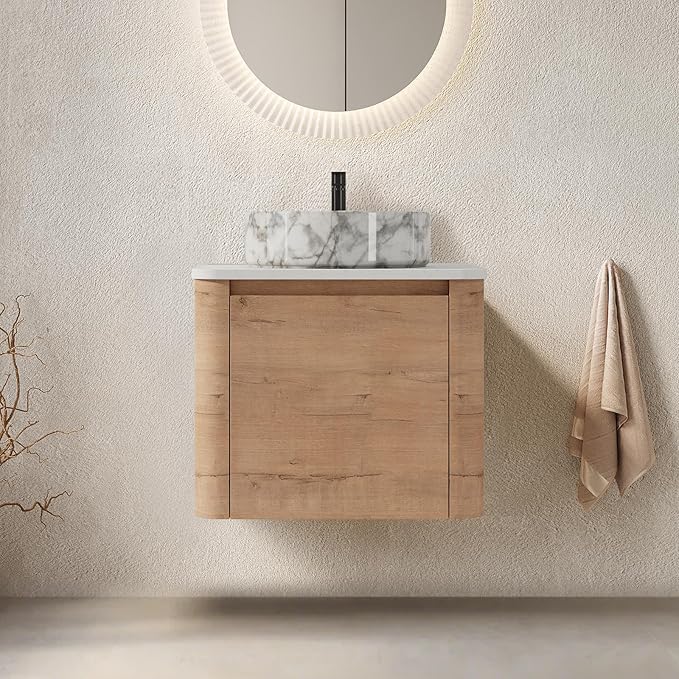 LKTART 24 Inch Floating Bathroom Vanity with Sink, Modern Wall Mounted Bathroom with Soft Close Door, Stone Round Ceramic Basin and Sintered Stone Top