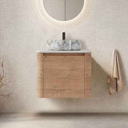 LKTART 24 Inch Floating Bathroom Vanity with Sink, Modern Wall Mounted Bathroom with Soft Close Door, Stone Round Ceramic Basin and Sintered Stone Top