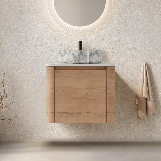 LKTART 24 Inch Floating Bathroom Vanity with Sink, Modern Wall Mounted Bathroom with Soft Close Door, Stone Round Ceramic Basin and Sintered Stone Top