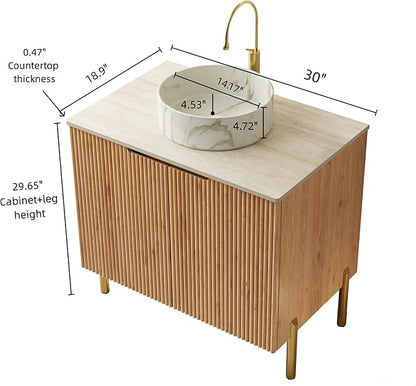 30" Bathroom Vanity with Sink, Freestanding Modern Bathroom Storage Cabinet with Marble Ceramic Basin and Roma Travertine-Pattern Sintered Stone Countertop, Soft Closing Door, Natural Wood