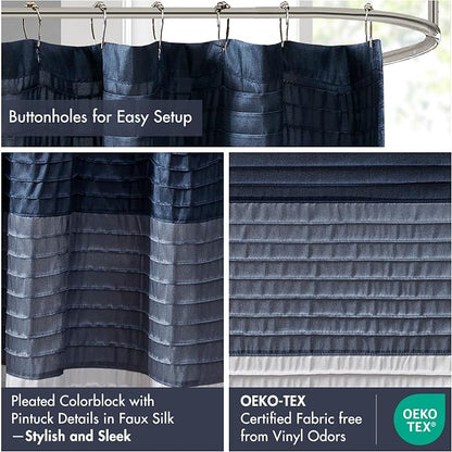 Madison Park Amherst 72 x 72 Bathroom Shower Curtain, Faux Silk, Navy | Modern Classic, Light Sheen, Pieced, Striped, Microfiber, Machine Washable, OEKO-TEX Certified, Amherst