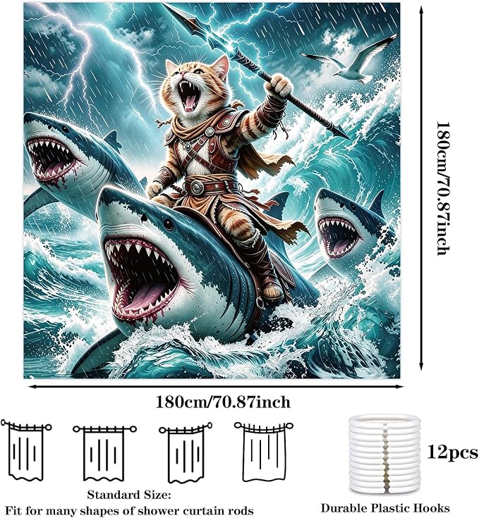 Funny Cat Shower Curtain, Fun Cartoon Shark Riding Bath Curtain | 72x72 Inches, Waterproof Polyester Fabric, Ocean Themed Bathroom Decor for Teens, Includes 12 Hooks, Grey Blue Design